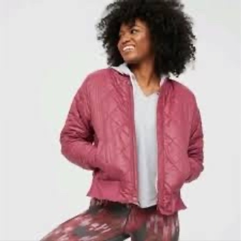 Aerie offline Womens Quilted Bomber Jacket Full Zip Diamond Pattern Berry Pink
